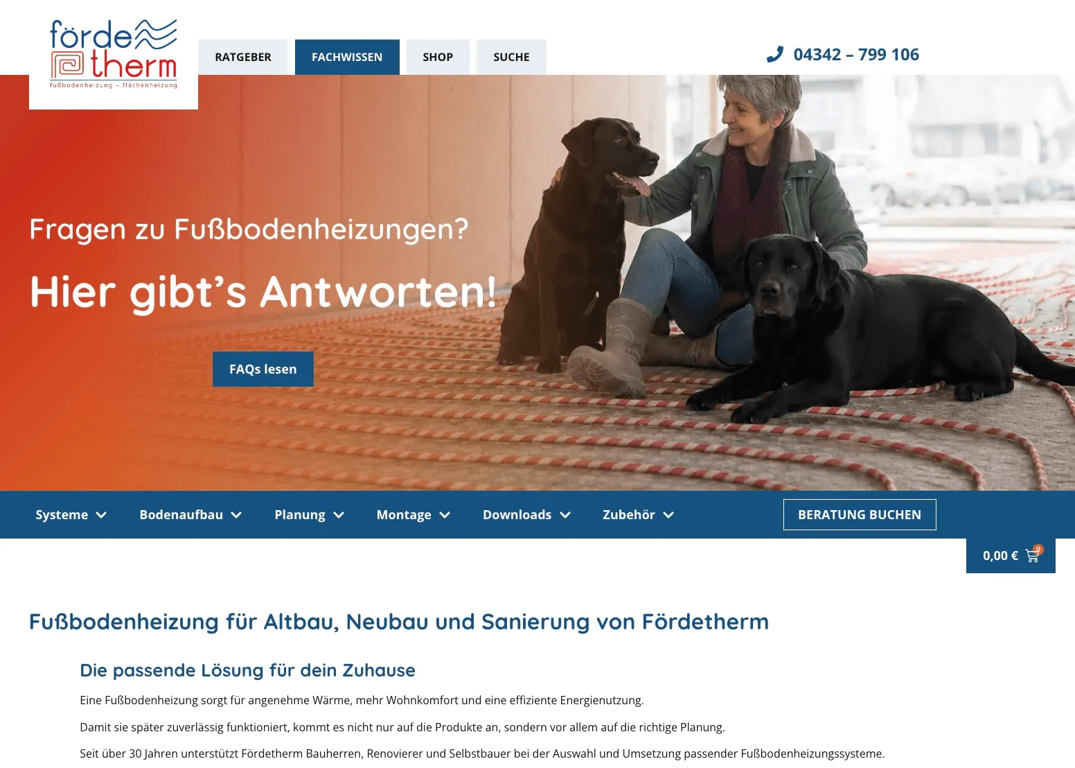 Startseite des Baudochselbst-Shops mit Fördetherm-Logo und Informationen zu Fußbodenheizungen