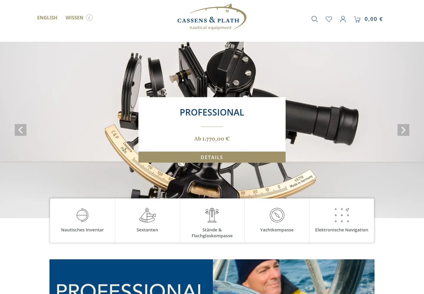 Shop von Cassens & Plath mit einem Sextanten und nautischen Instrumenten.