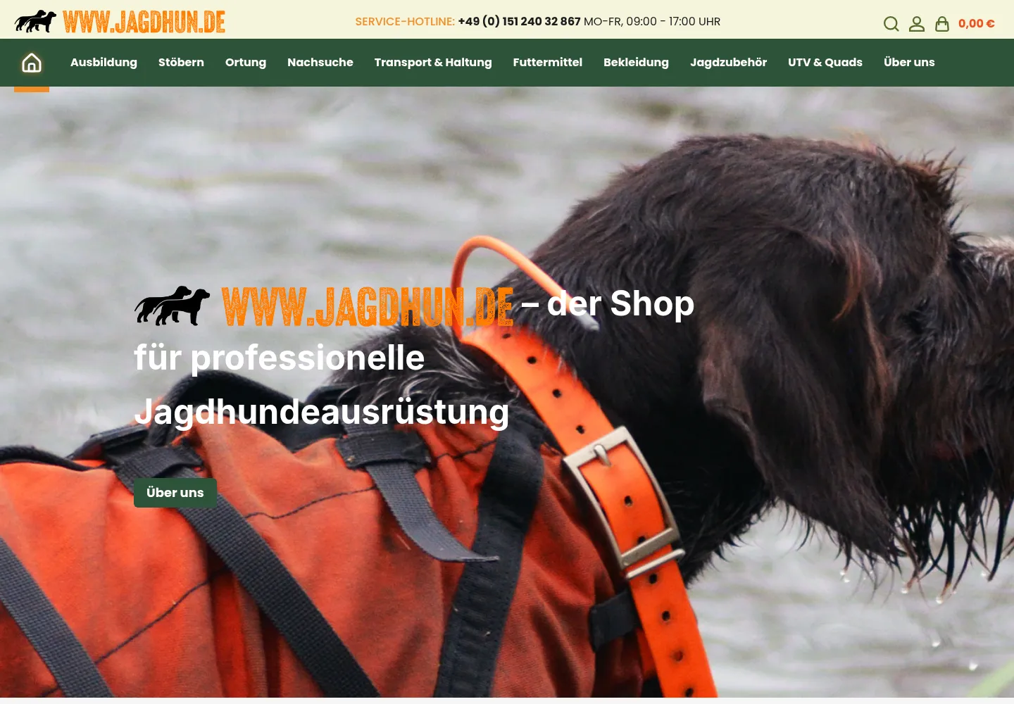 Startseite von Jagdhun mit Firmenlogo, Navigation und einem Jagdhund als großem Bildmotiv.