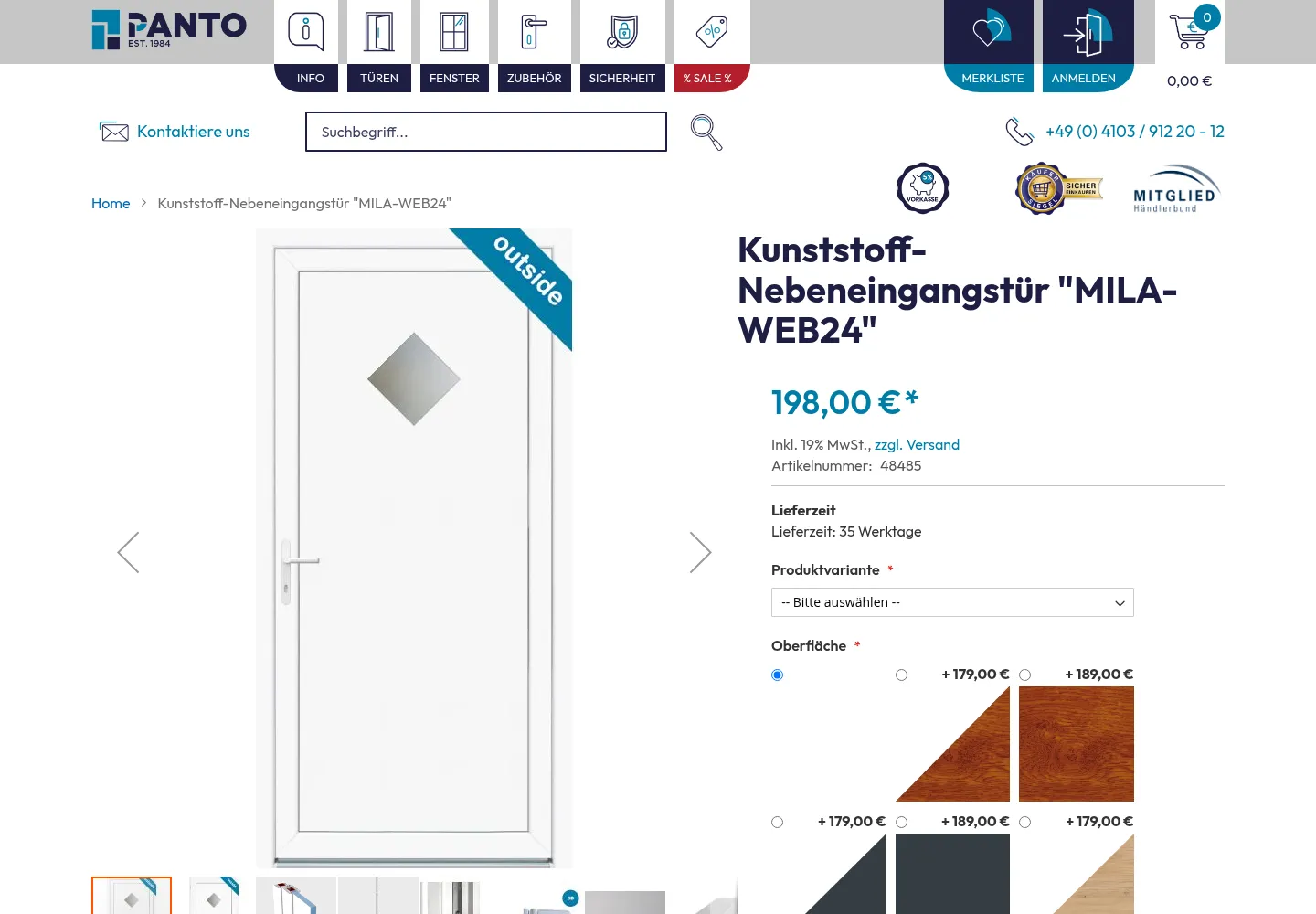 PANTO-Produktseite einer Tür mit Auswahlfeldern für Produktvariante und Oberfläche.