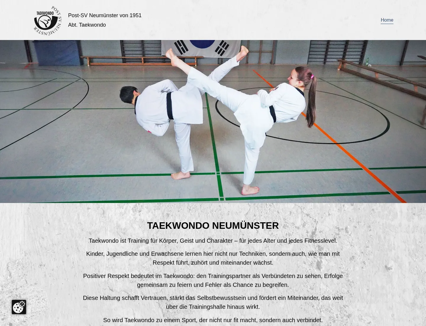 Website von Taekwondo Neumünster mit Vereinslogo, einem großen Trainingsfoto und der Vorstellung der Taekwondo-Abteilung.