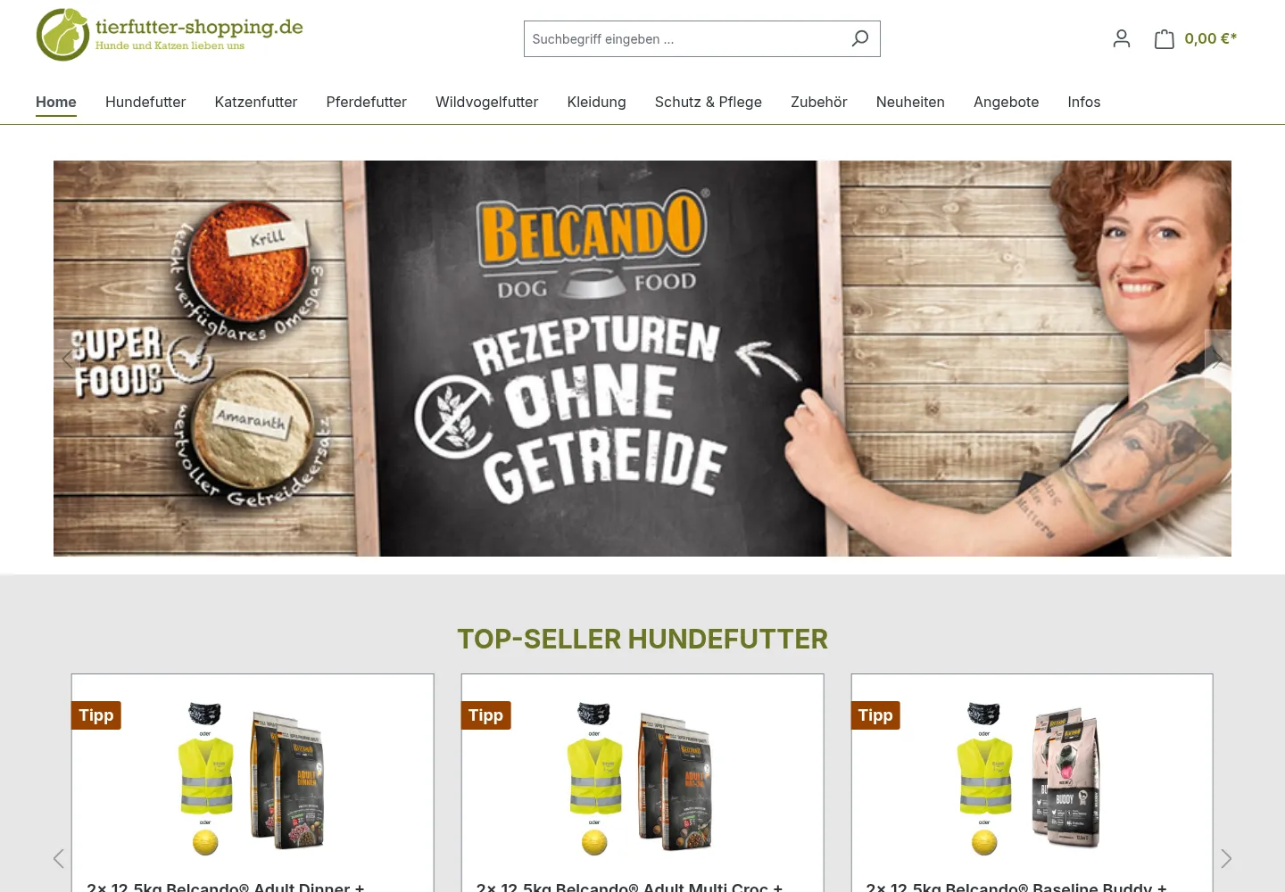 Startseite von Tierfutter Shopping mit Suchfeld, Produktkategorien, Hundefutter-Banner und Produkten.